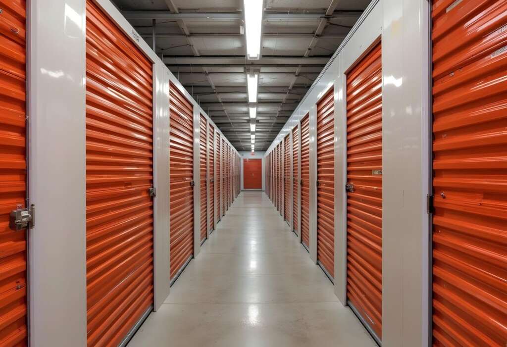A bright orange storage-lined hallway
