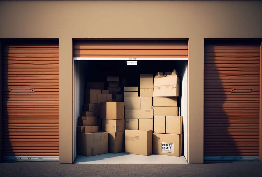 Storage unit filled with stacked cardboard boxes.