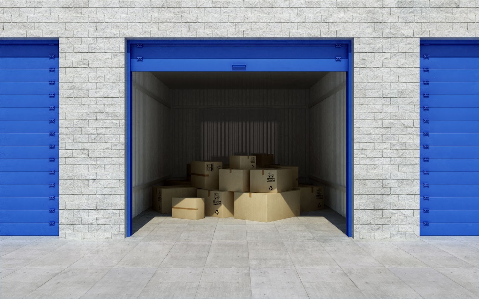 An open storage unit filled with stacked boxes and a partially open door, showcasing its contents.