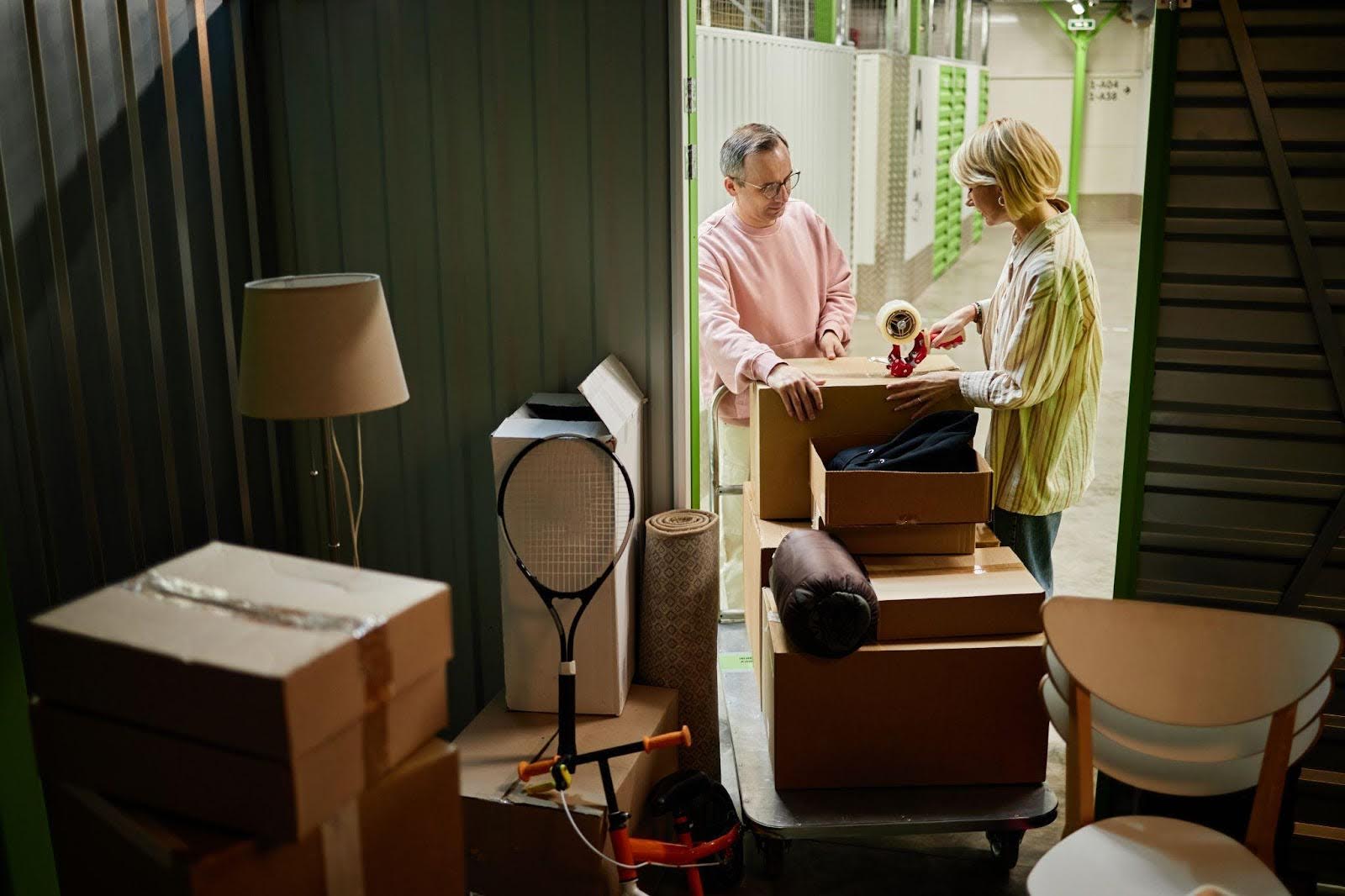 A couple packing boxes in a storage unit with items like a lamp and tennis racket