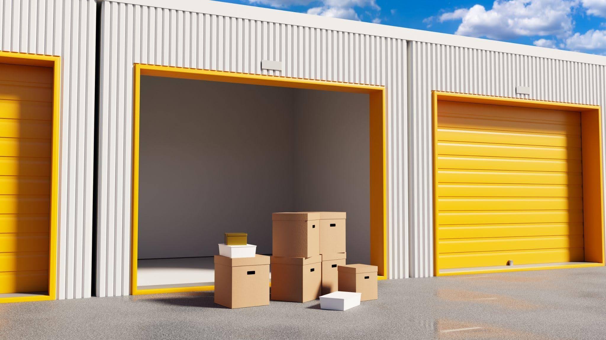 A row of storage units with bright yellow doors accompanied by neatly arranged boxes in front